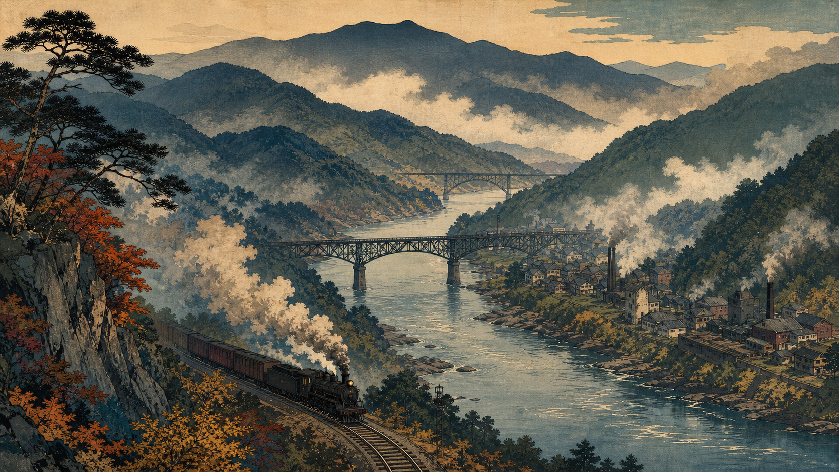 ウェストバージニアの山、川、橋、鉄道を描いた日本木版画調の特集トップ画像