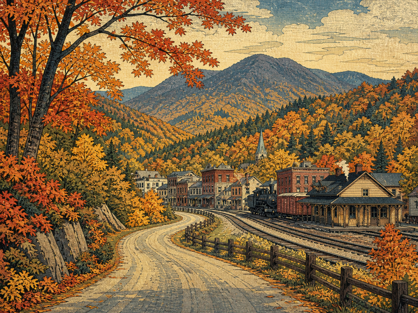 秋のカントリーロードと鉄道の町