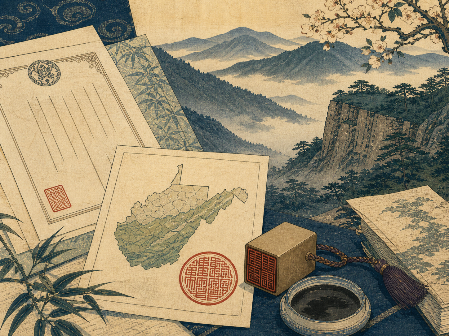 ウェストバージニアの地図、文書、印章、山を描いた日本木版画調のライセンスイメージ
