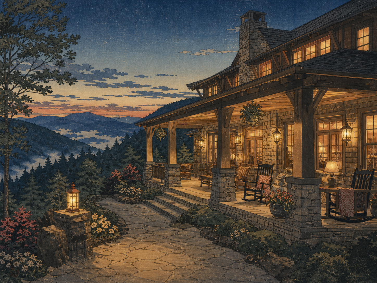 夕方の山の宿とポーチ